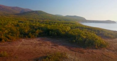Yukarıdan bak. Güzel sonbahar manzarası. Sihote-Alin Biyosferinde, sonbahar ağaçlarının üzerinde dağların ve denizin üzerinde uçmak..