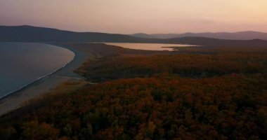 Yukarıdan bak. Primorsky bölgesindeki Sikhote-Alin Biyosfer rezervinde güzel bir sonbahar ormanının üzerinde uçuyor..
