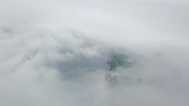 上から撮影 霧の中で緑の砂漠の島 霧の中のラゾフスキー保護区のペトロフの予約島 世界で唯一のイチイの森を持つ島 — ストック動画