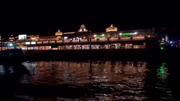 Rio Chao Phraya Navegando Barco Noite Rio Meio Lojas Luminosas — Vídeo de Stock