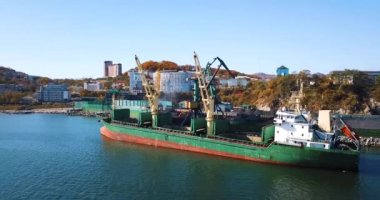 İlkbahar, 2019 Nakhodka, Primorsky Bölgesi. Kömür portu. Nakhodka 'nın küçük bir kasabasındaki bir kömür limanında uçuyor. Kömür, deniz kömür limanındaki bir kargo gemisine yükleniyor..