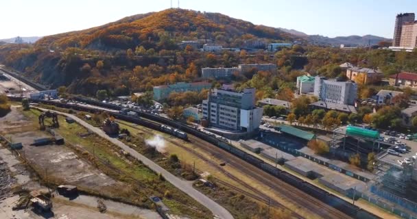 Jaro 2019 Nakhodka Primorské Teritorium Pohled Shora Vlak Projíždí Průmyslovou — Stock video