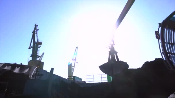2018年夏 纳霍德卡 普里莫尔斯基领地 煤炭海港 挖掘机在桶的帮助下 将煤从桩上转移到输送带上 货轮上装黑煤 — 图库视频影像