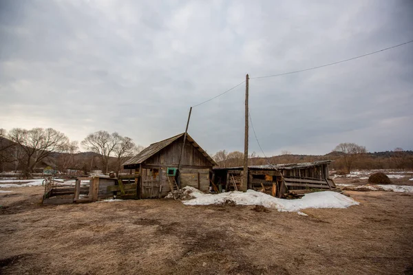 Village Russe Ancien Hangar Bois Sur Sol Dans Village Russe — Photo