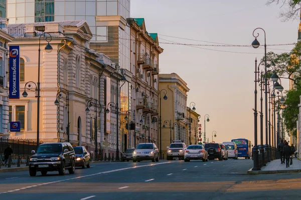 Sommar 2015 Vladivostok Ryssland Vladivostoks Centralgata Övergivna Gator Vladivostok Gryningen — Stockfoto