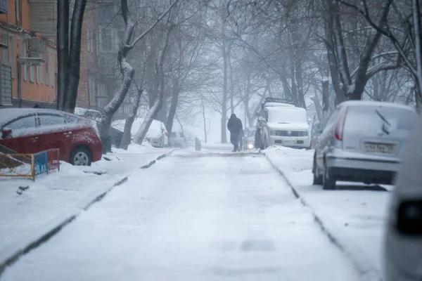 Winter 2015 Vladivostok Rusland Mensen Die Tijdens Een Sneeuwval Door — Stockfoto