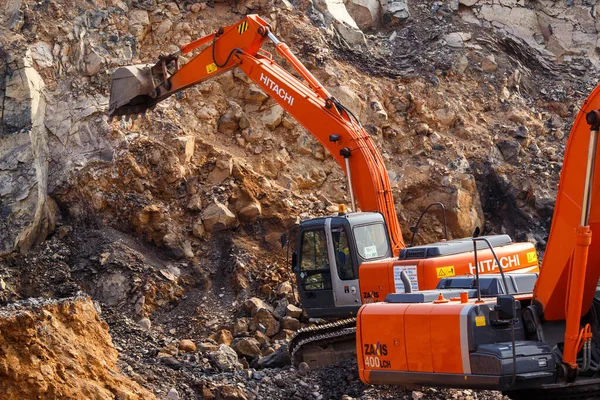 Efterår 2015 Primorsky Region Rusland Industriel Fotografering Gravemaskinen Arbejder Sandbrud - Stock-foto