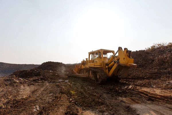 Autumn 2015 Primorsky Region Russia Industrial Photography Yellow Excavator Works — Stock Photo, Image