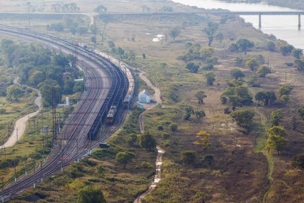 Vista Desde Arriba Hermosa Vista Panorámica Del Ferrocarril Con Trenes — Foto de Stock