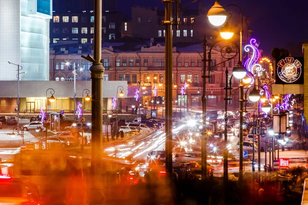 Inverno 2015 Vladivostok Russia Illuminazione Anno Nuovo Vladivostok Auto Guidare — Foto Stock