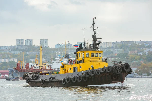 Summer 2015 Vladivostok Russia Marine Facade Vladivostok Powerful Yellow Tugboat — Stock Photo, Image
