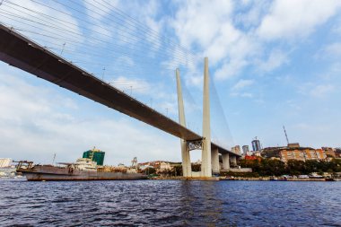 2016 Yazı - Vladivostok, Rusya - Vladivostok 'taki Zolotoy Rog Körfezi' nde sanayi bölgesi. Gemiler Altın Köprü 'nün altında duruyor.