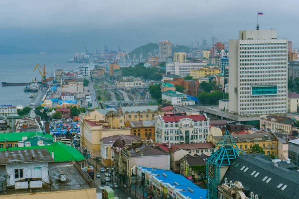 Summer, 2015 - Vladivostok, Russia - Central part of Vladivostok from a height. View from above. The historical center of the capital of the Far East