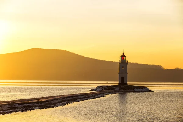 Dawn Sea City Vladivostok Tokarevsky Lighthouse Colorful Dawn Backdrop Beautiful — Stock Photo, Image