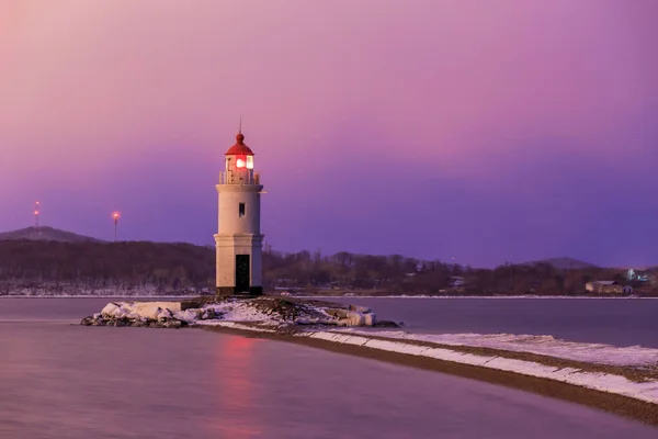 Alba Nella Città Mare Vladivostok Faro Tokarevsky Durante Alba Colorata — Foto Stock