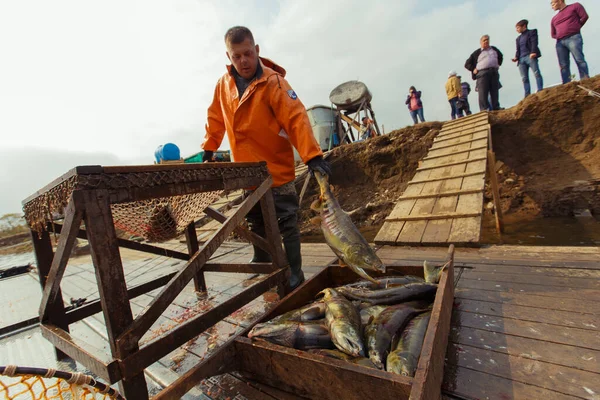 Лето 2015 Года Барабаш Приморский Край Работники Оранжевых Водонепроницаемых Костюмах — стоковое фото