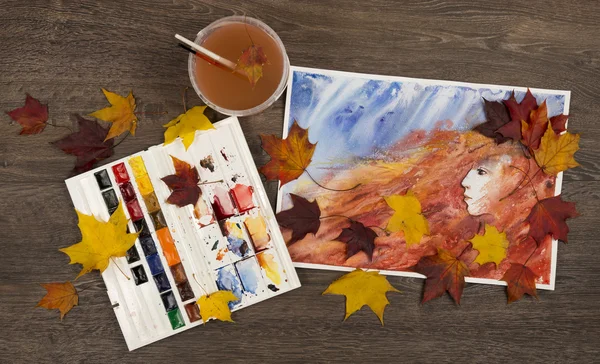 Herbst Aquarell Hintergrund. Prinzessin des Sturzes. Kunstwerk. Stockbild