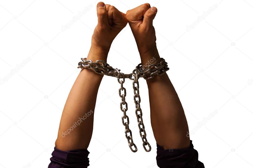  Two hands in chains. Isolated.  White background