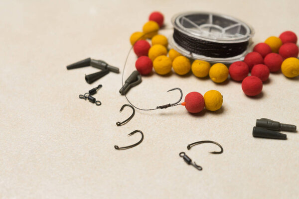Baits, hooks , ledcor, prepare tackle tackle for carp fishing. Copy paste
