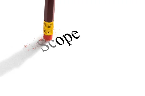Pencil eraser trying to remove the word 'scope' on paper. Concept. — Stock Photo, Image