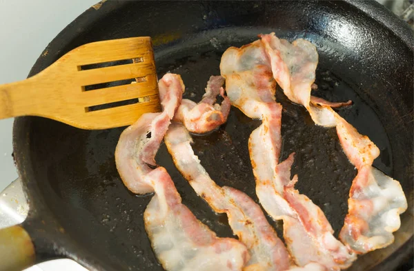 Шматочки Бекону Смажать Сковороді Приготування Сніданку Копіювання Простору — стокове фото
