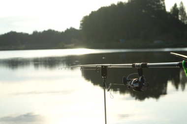 Sazan balıkçılığı, güzel mavi gölde yaz sabahları sazan balığı ve olta kamışlarıyla. Ahşap platformda balık tutmak.