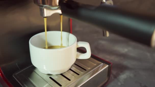 Witte Beker in een rode koffiezetapparaat. Close-up van espresso apparaat terwijl de koffie gaat door. — Stockvideo