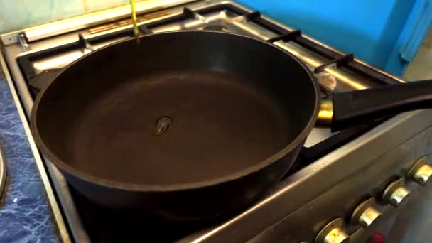 Pour vegetable oil into a frying pan for cooking. — 비디오