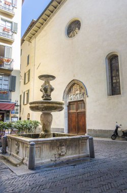 Eski Bergamo şehrinde süslü bir su çeşmesi, İtalya, Avrupa