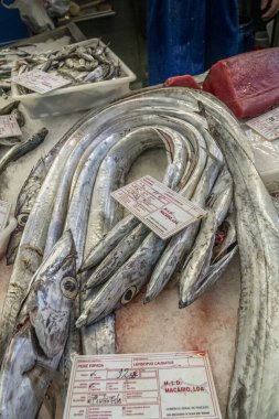 Bir pazar yerinde satılık bir grup gümüş kılıç balığı.