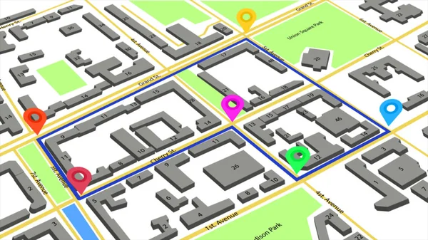 Eine Route Mit Farbigen Markierungen Auf Einem Abstrakten Stadtplan — Stockfoto