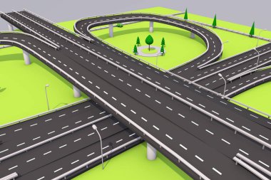 bir otoyol ve köprü yeşil otlar, ağaçlar ve mavi gökyüzü bir arka plan üzerinde 3D çizimi.