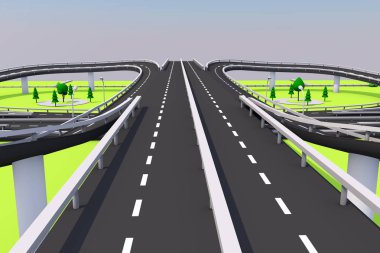 bir otoyol ve köprü yeşil otlar, ağaçlar ve mavi gökyüzü bir arka plan üzerinde 3D çizimi.