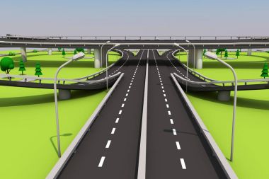 bir otoyol ve köprü yeşil otlar, ağaçlar ve mavi gökyüzü bir arka plan üzerinde 3D çizimi.