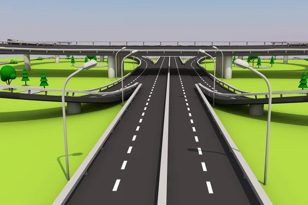 bir otoyol ve köprü yeşil otlar, ağaçlar ve mavi gökyüzü bir arka plan üzerinde 3D çizimi.