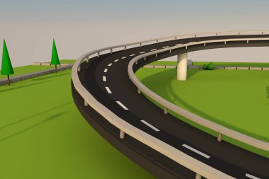 bir otoyol ve köprü yeşil otlar, ağaçlar ve mavi gökyüzü bir arka plan üzerinde 3D çizimi.