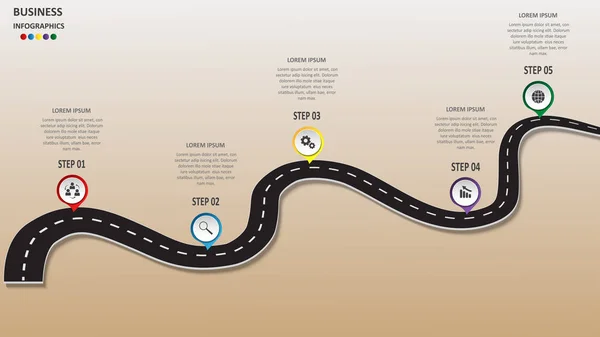 Infografías de negocios abstractas en forma de carretera de automóvil con marcas, marcadores, iconos y texto. EPS 10 . — Archivo Imágenes Vectoriales