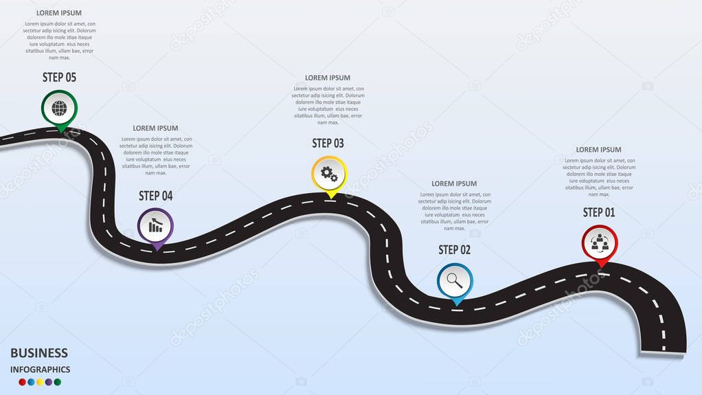 Abstract business infographics in the form of an automobile road with road markings, markers, icons and text. EPS 10.