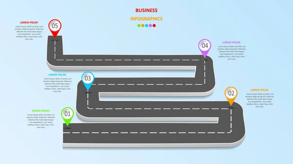 Infografías de negocios abstractas en forma de carretera de automóvil con marcas, marcadores, iconos y texto. EPS 10 . — Archivo Imágenes Vectoriales