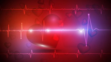 Vector illustration of a human heart on the background of a glowing heart rate graphic. Medicine, health, heart rate, healthy lifestyle. EPS 10.