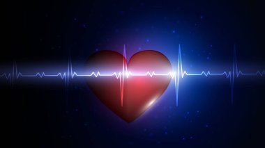 Vector illustration of a human heart on the background of a glowing heart rate graphic. Medicine, health, heart rate, healthy lifestyle. EPS 10.