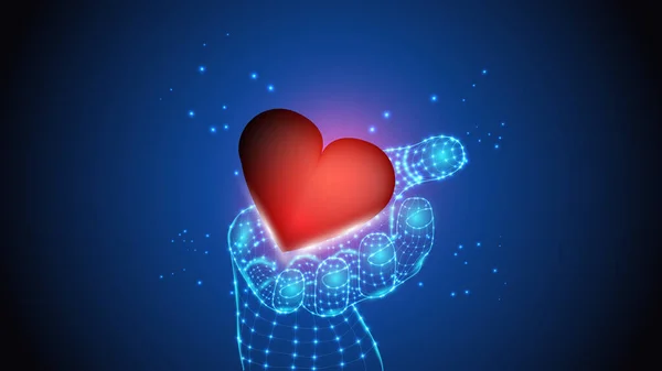 Векторная иллюстрация искусственного интеллекта, держащего в руках человеческое сердце. Наука, футуристическая, веб, сетевая концепция, коммуникации, высокие технологии. EPS 10 — стоковый вектор