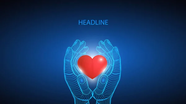 Ilustração vetorial de inteligência artificial segurando um coração humano na mão. Ciência, futurista, web, conceito de rede, comunicações, alta tecnologia. EPS 10 —  Vetores de Stock