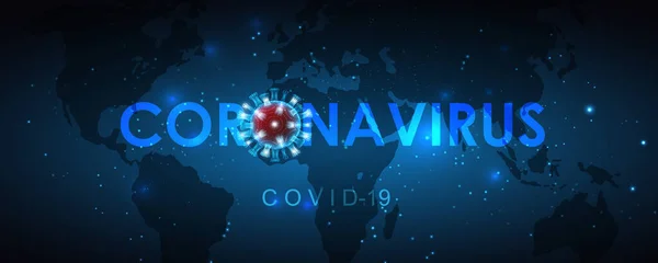 Vector illustratie van een coronovirus cel op een wereldkaart achtergrond. Epidemie, pandemie, medicijnen, virusvaccin. EPS 10. — Stockvector