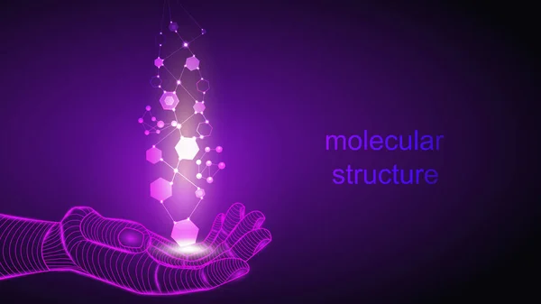 Illustration vectorielle de l'intelligence artificielle tenant dans sa main une structure moléculaire de particules. SPE 10 . — Image vectorielle