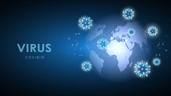 Ilustración vectorial de células coronavirus en el fondo del planeta Tierra. Epidemia, pandemia, medicina, vacuna viral. EPS 10 — Archivo Imágenes Vectoriales