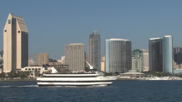 샌디에고 항구 보트 항해 도시 스카이 라인 배경 — 비디오
