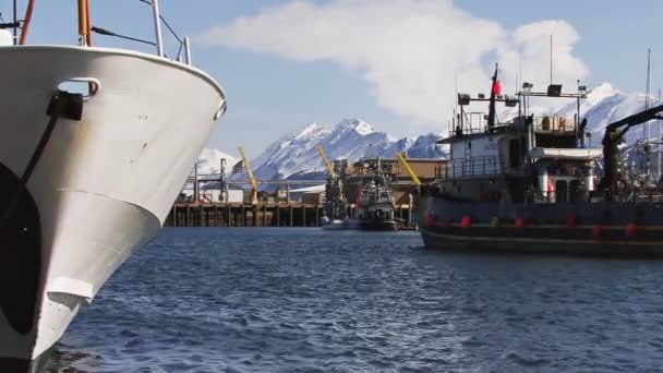 Velké rybářské lodi do přístavu — Stock video