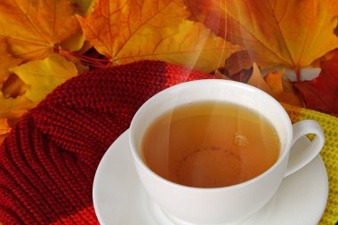 Beyaz fincan çay arasında sarı ve kırmızı sonbahar yaprakları.