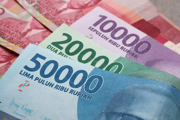 Indonesian Money Gray Background Banknotes Indonesia Ten Twenty Fifty Thousand — Stock Photo, Image